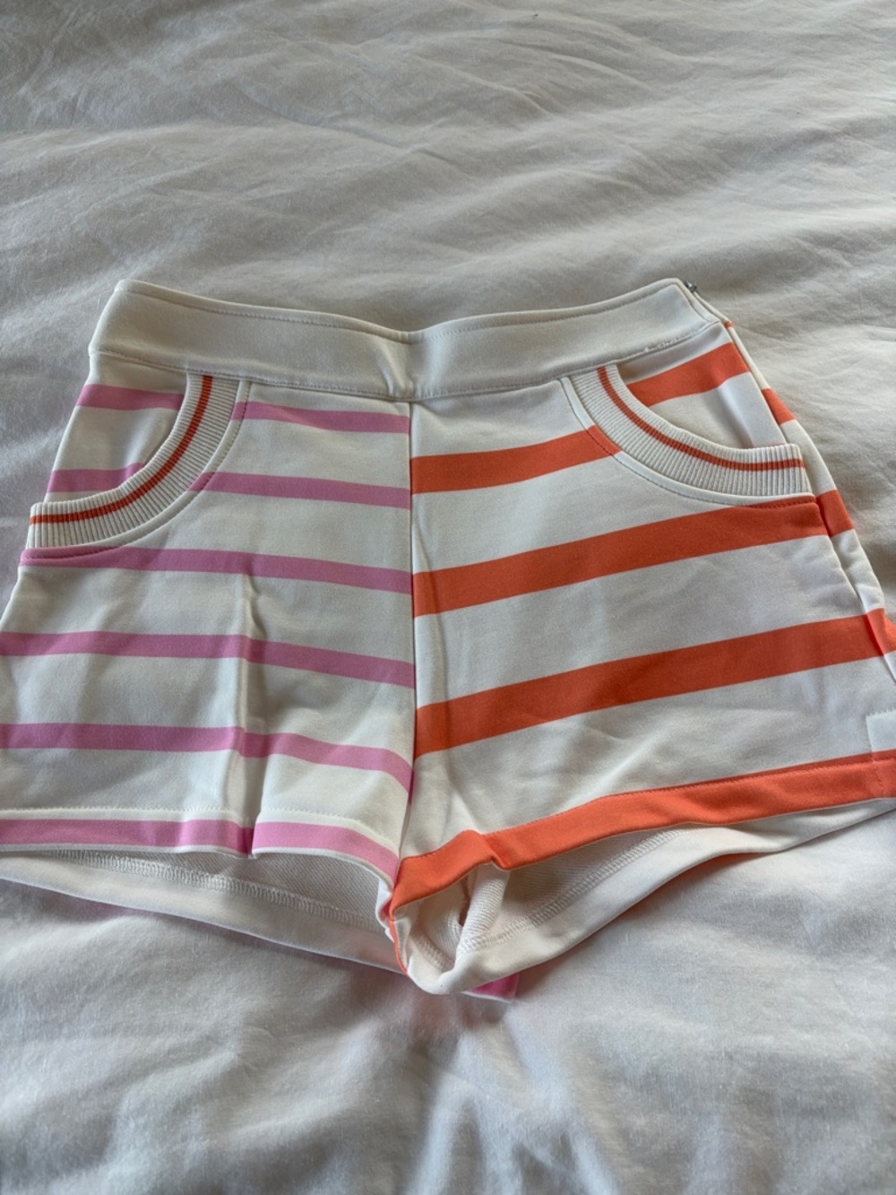 SOLID & STRIPED Pink, Orange & White Striped Women’s Athletic Shorts